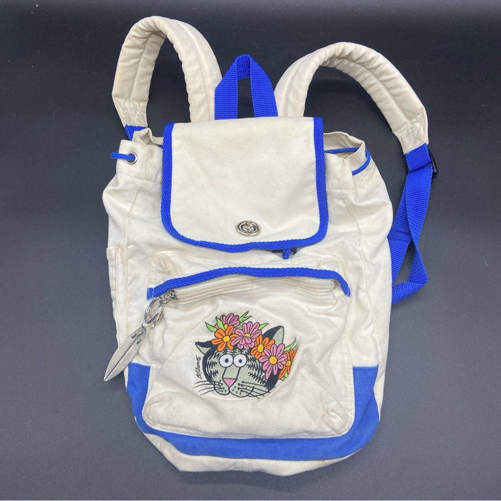 Vintage B Kliban Mini Backpack Bag Canvas Turn Lock Cat White Pouch Cotton